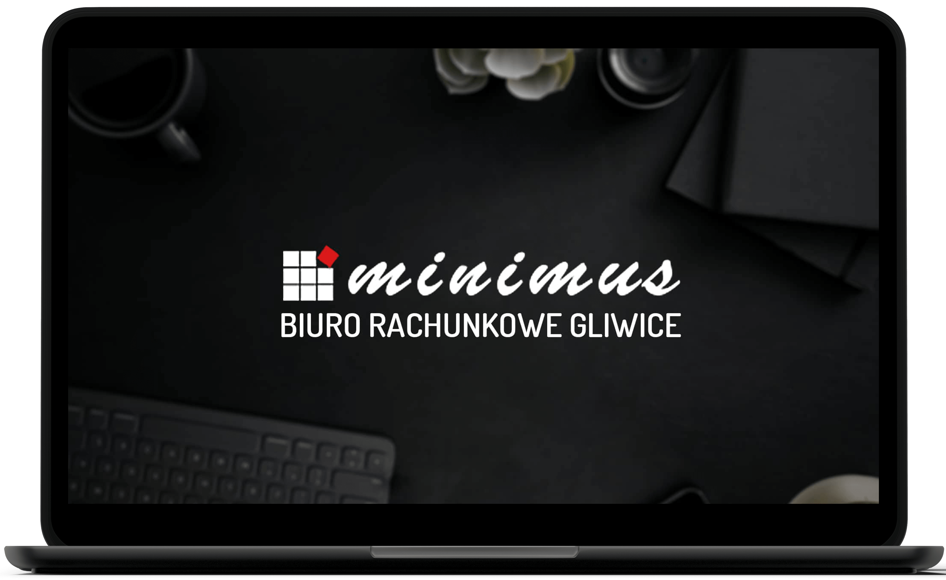 Laptop z grafiką i logo firmy Minimus wyświetlonym na ekranie.